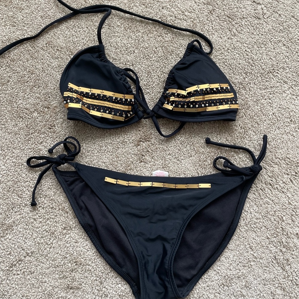 Black Women's Two-Piece Bikini with Gold Accent Detailing